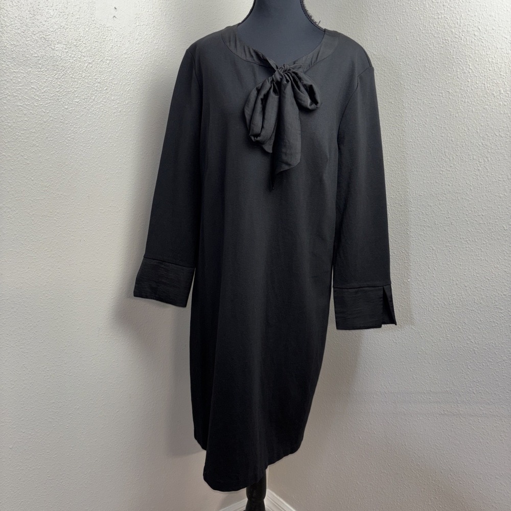 Boden Bow Tie Neck Sheath Dress Women's 18 Black Satin Cuffs Sailor Minimalist
